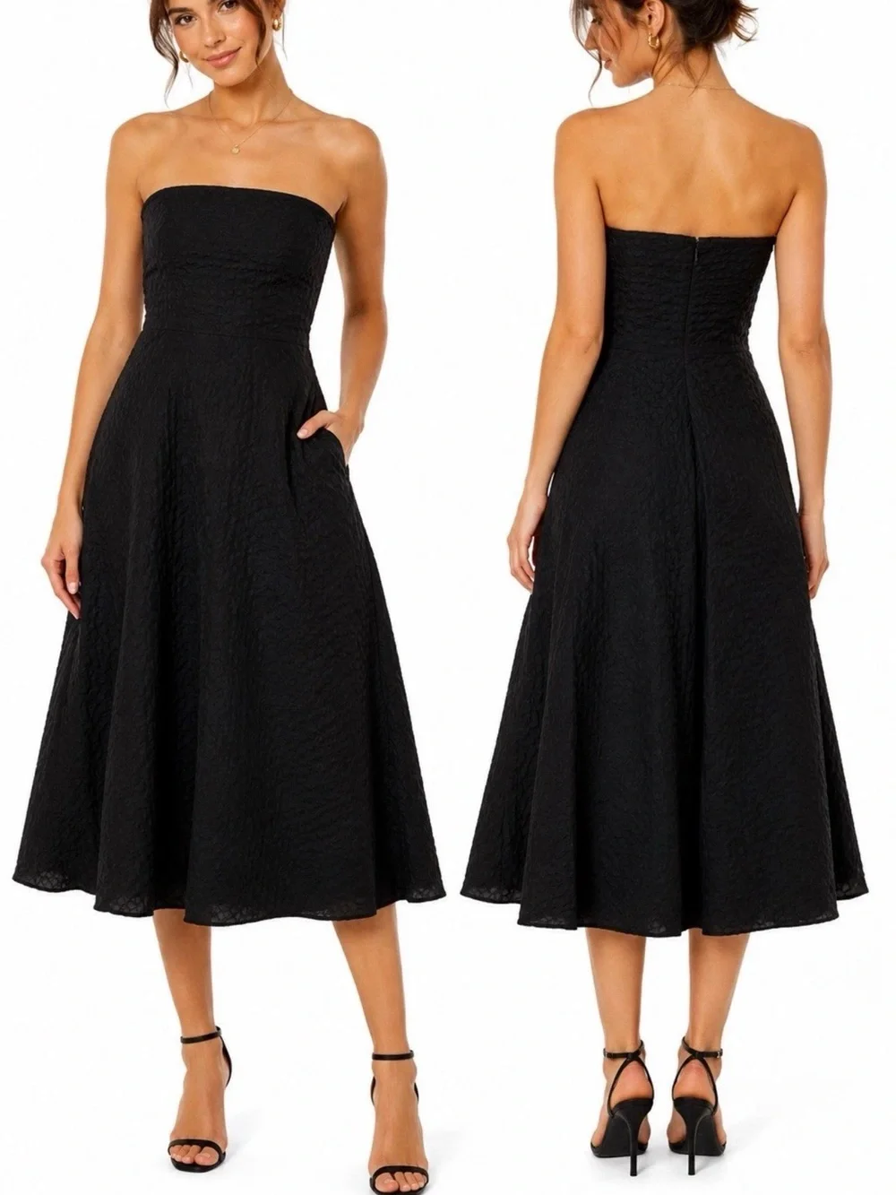 J. Crew Strapless Black Midi Dress with Flared Skirt